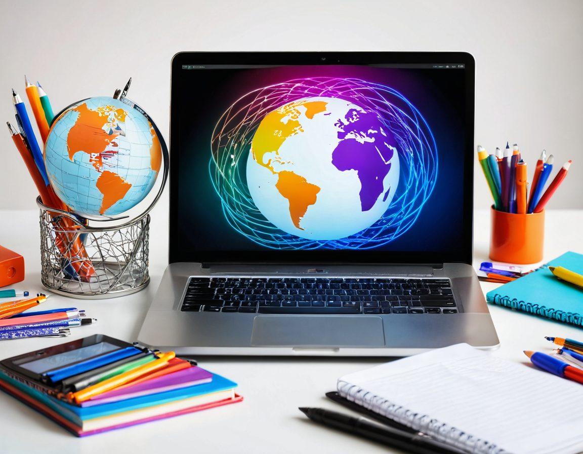 A dynamic scene depicting a laptop on a vibrant desk surrounded by creative tools like pens and notepads, with a glowing globe representing global web hosting. The background features abstract waves symbolizing connectivity and potential. Warm lighting highlights the workspace, suggesting inspiration and productivity. super-realistic. vibrant colors. white background.