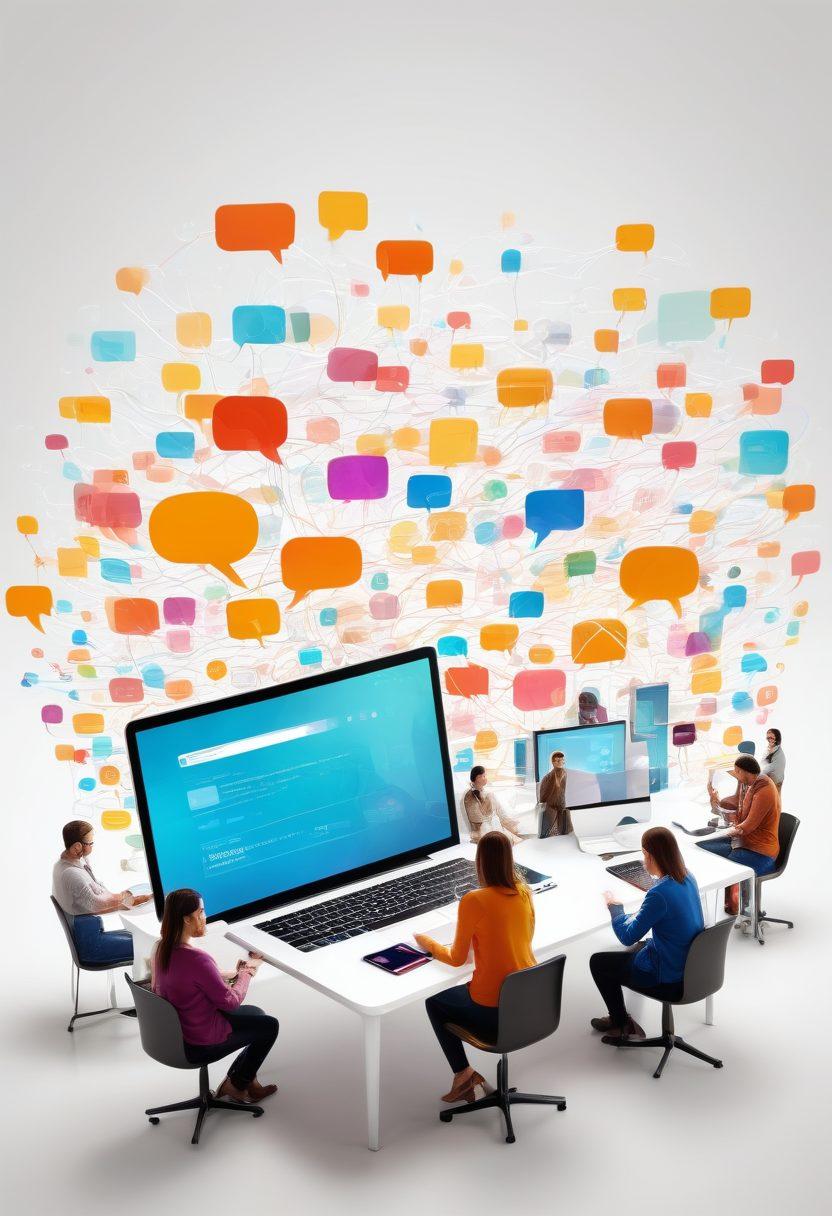A vibrant digital landscape featuring diverse individuals connecting through devices like laptops and smartphones, symbolizing an online community. Incorporate elements such as chat bubbles and shared screens, showcasing teamwork and collaboration. Use warm colors and modern design elements to evoke a sense of innovation and accessibility. super-realistic. vibrant colors. white background.